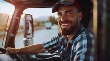 Joyful Young Truck Driver Embodying Success and Freedom on the Modern Road photo