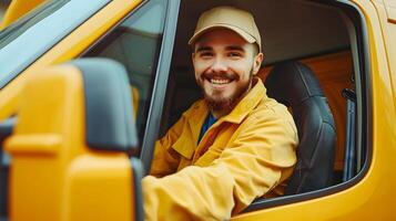 Joyful Young Delivery Driver Expressing Success through Swift Service photo
