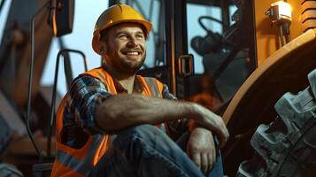 Joyful Young Heavy Equipment Operator Posing on Vibrant Construction Site photo