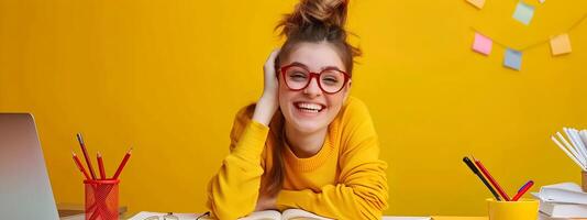 Joyful Young Copy Editor Excels in Colorful Office Environment photo