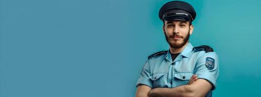 Joyful Young Security Guard Exuding Professional Commitment in Colorful Portrait photo