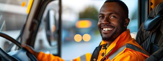 Joyful Young Bus Driver Exemplifying Commitment and Service in Public Transport photo