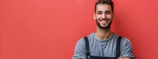 Joyful Young Locksmith Demonstrating Expertise in Portrait with Color Background photo