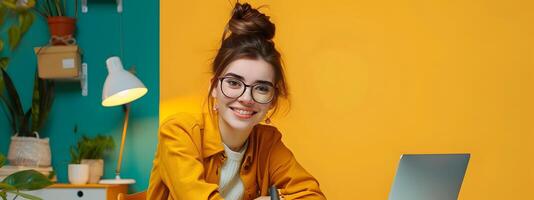 Joyful Young Professional Thriving Copy Editor Excels in Colorful Work Setting photo