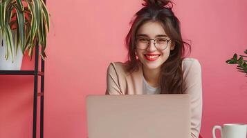 Joyful Young Social Media Specialist Crafting a Successful Online Campaign on a Colorful Background photo