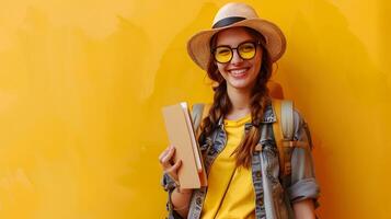 Joyful Young Travel Writer Crafting Compelling Tales from a Vibrant Office photo