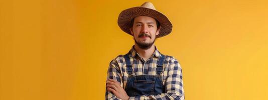Joyful Young Farmer Embracing Vocation in Vibrant Field during Harvest Season photo
