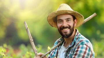 Joyful Young Farmer in Resplendent Field at Dawn Embracing the Harvest Season photo