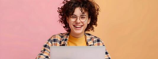 Joyful Young Professional Excelling as a Copy Editor on a Vibrant Color Background photo