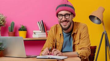 Joyful Young Travel Writer Crafting Stories with Laptop on Colorful Background photo