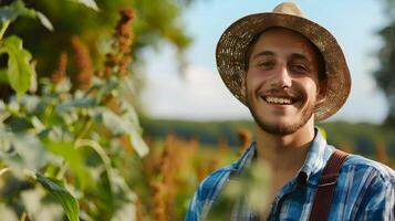 Joyful Young Farmer in Resplendent Field during Harvest Season photo