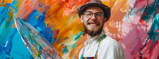 Joyful Young Painter Crafting Vibrant Abstract Art on Colorful Background photo