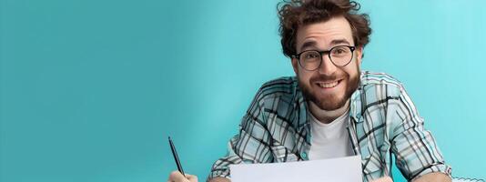 Joyful Young Screenwriter Crafting a Success Story in Vibrant Hues photo