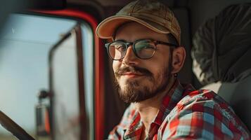 Joyful Young Truck Driver A Successful Career on the Road photo