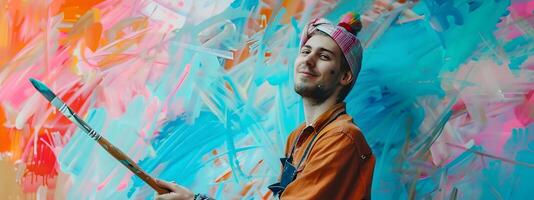 Joyful Young Painter Crafting Vibrant on Canvas in Studio photo