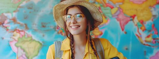 Joyful Young Travel Writer Crafting Colorful Stories from Afar photo