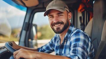 Joyful Young Truck Driver Embodying Freedom and Professionalism in Modern Industrial Transport photo