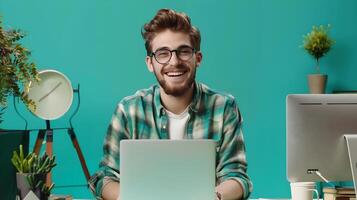 Joyful Young Proofreader Excelling in Colorful Work Environment photo