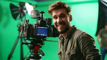 Joyful Young Screenwriter Crafting a Story A Colorful Portrait of Creativity and Success photo