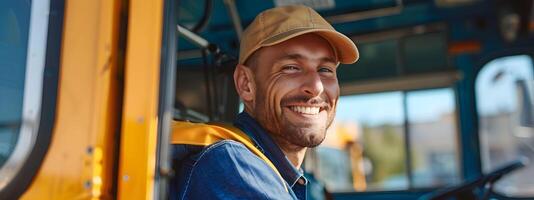 Joyful Young School Bus Driver Embarking on a Colorful Journey photo