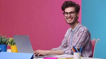 Joyful Young Proofreader Excelling in Colorful Work Environment photo