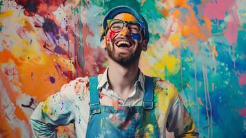 Joyful Young Painter Crafting Vibrant at Work photo