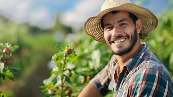 Joyful Young Farm Worker in Vibrant Field at Dawn A Vision of Agricultural Prosperity photo