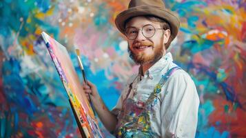Joyful Young Painter Creating Vibrant Artwork on Colorful Background photo