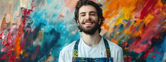 Joyful Young Painter Creating Vibrant Art A Colorful Portrait of and Skill photo