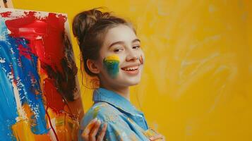 Joyful Young Painter Crafting Vibrant on Colorful Canvas photo