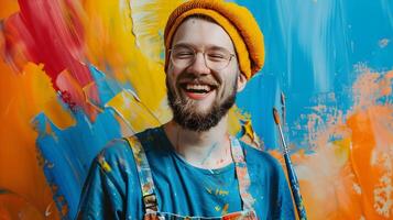 Joyful Young Painter Crafting Vibrant Masterpiece in Studio photo