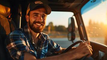 Joyful Young Truck Driver in Action A Glimpse into the Fulfilling World of Transport photo