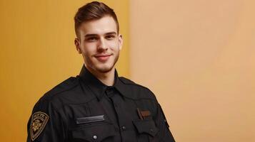 Vigilant Young Professional Exuding Joy in Colorful Security Guard Portrait photo
