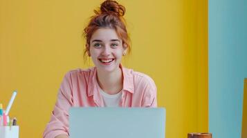 Thriving Social Media Specialist Young Professional Exuding Joy in a Colorful Digital Workspace photo
