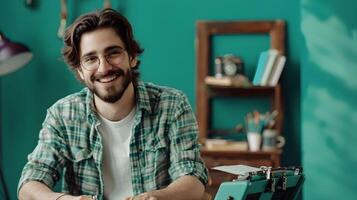 Joyous Young Screenwriter Crafting a Success Story in a Vibrant Workspace photo