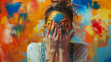 Joyous Young Painter Expertly Crafting Vibrant Art on Canvas photo