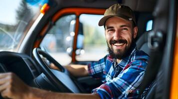 Joyful Young Truck Driver Excelling in Colorful Portrait photo
