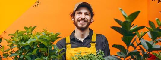 Joyous Young Landscaping Worker Exuding Pride and Satisfaction in Vibrant Outdoor Setting photo
