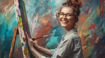 Joyous Young Painter Brings Colorful Creations to Life in Vibrant Studio photo