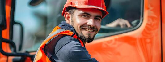 Joyful Young Truck Driver Pursuing Successful Career in Modern Transport Industry photo