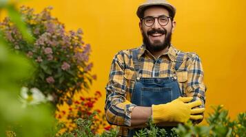 Joyous Landscaping Professional Young Workers Radiant Smile while Cultivating a Sustainable Career in Nature photo