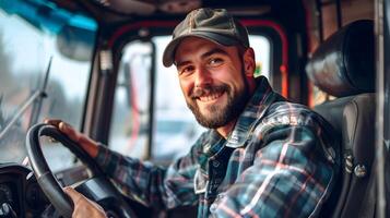 Joyful Young Truck Driver Succeeding in Colorful Career Landscape photo