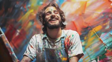Joyous Young Painter Crafting Vibrant Colors on Canvas in Spacious Studio photo