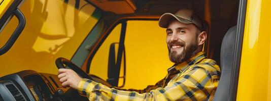 Joyous Young Truck Driver Embodiment of Modern Commerce and Freedom photo