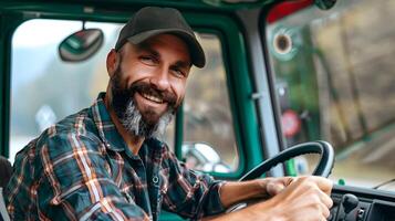 Joyous Young Truck Driver Embodiment of Freedom and Professionalism in Vibrant Portrait photo