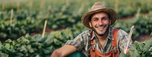 Joyous Young Farmer in Resplendent Field Emblematizing Prosperous Rural Life photo