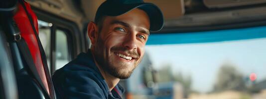Joyful Young Truck Driver Embracing the Open Road with a Smile photo