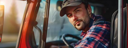 Joyous Young Truck Driver Embodying Freedom and Professional Commitment in a Colorful Portrayal photo