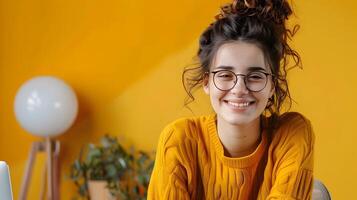 Thriving Technical Writer Young Professional Exuding Joy in the Process of Creating Content on a Colorful Background photo