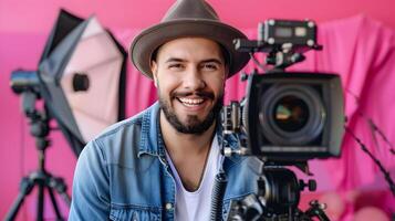 Passionate Film Critic in Action Expressing Joy and Professional Insight on Colorful Backdrop photo